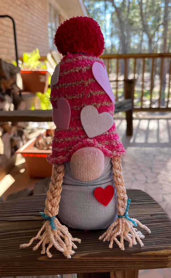 Standup Gnome with Striped Hat, Braids and Hearts