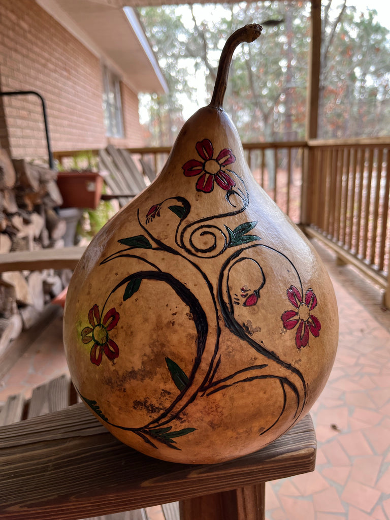 Hand Painted and Wood Burned Floral Swirl Gourd