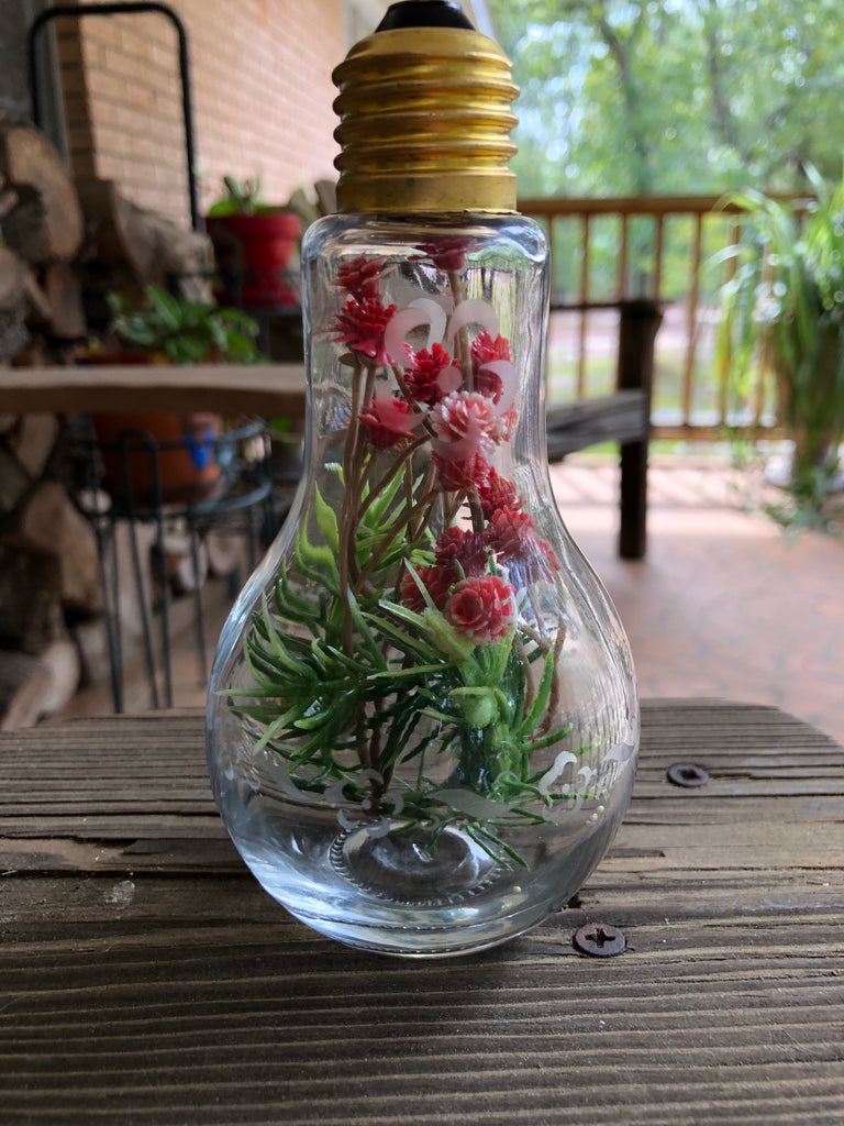 Small Glass Etched Light Bulb with Floral Pattern and Flowers