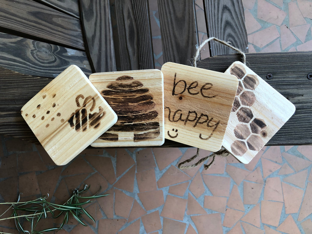 Set of 4 Wood Burned Bee Coasters