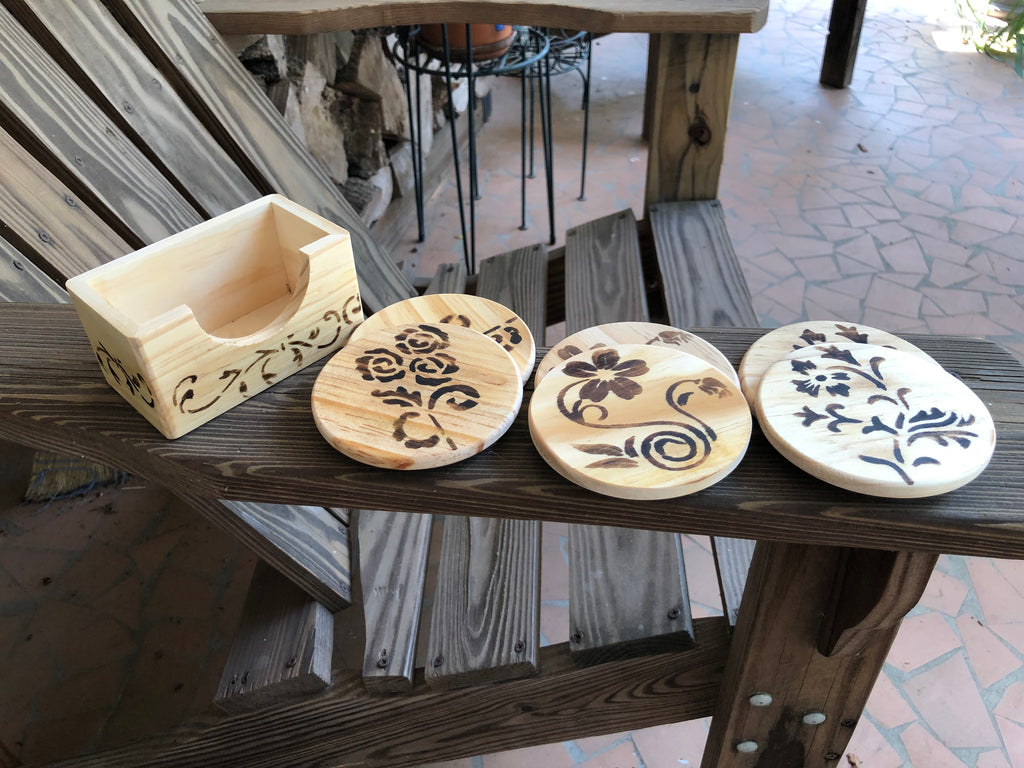 Set of 6 Wood Burned Floral Coasters