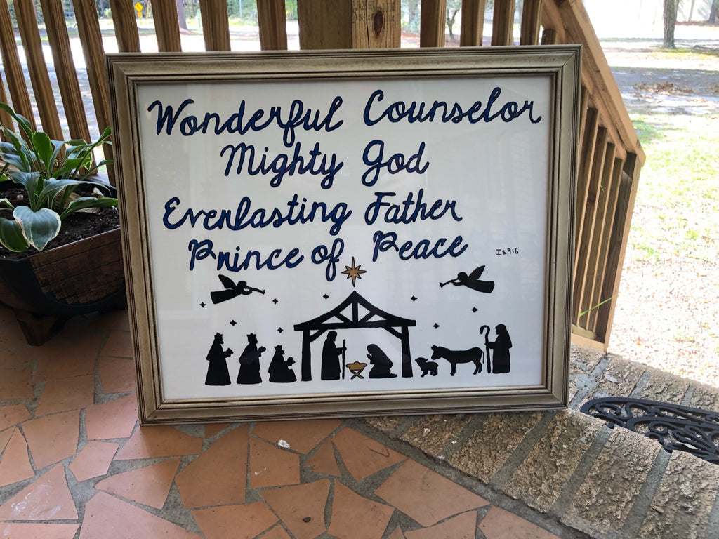 Manger Scene with Names of God Painted Frame