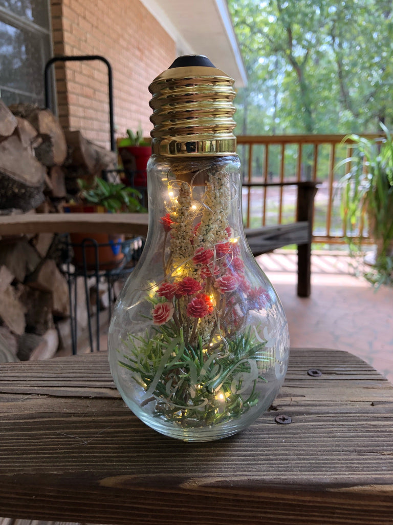 Medium Glass Etched Light Bulb with Love and Floral pattern