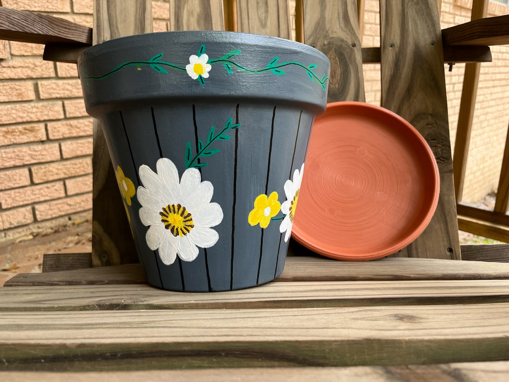 Floral Grey Painted Pot