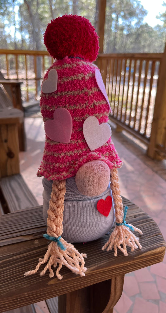Standup Gnome with Striped Hat, Braids and Hearts