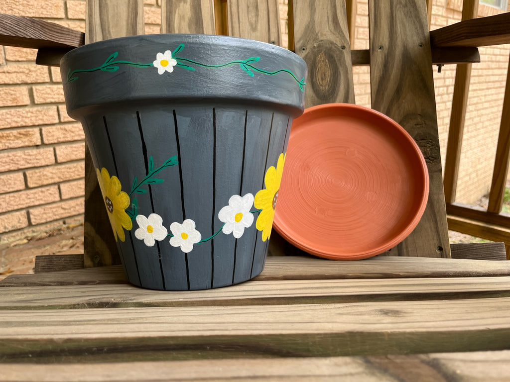 Floral Grey Painted Pot