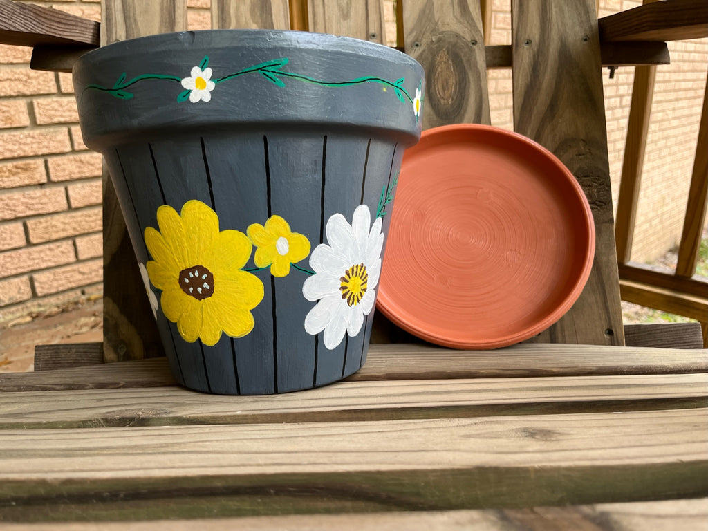 Floral Grey Painted Pot