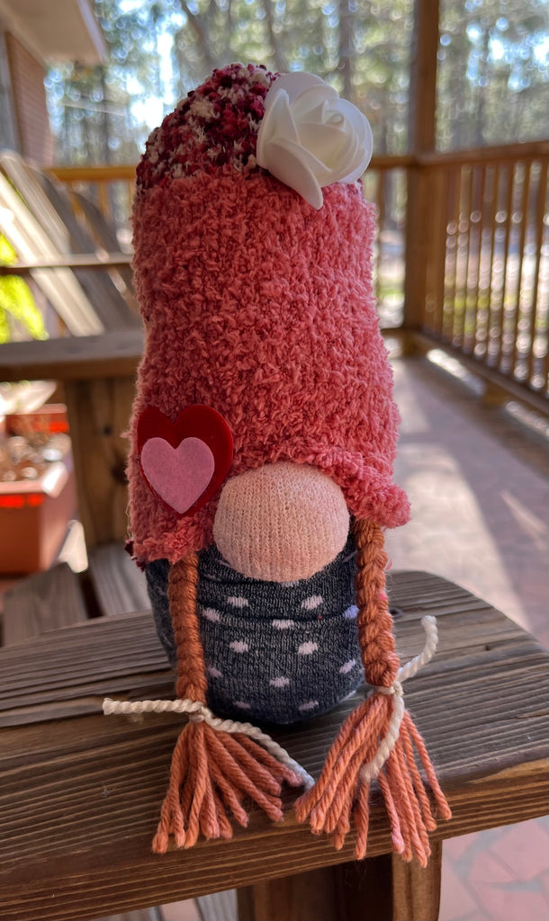 Standup Gnome with Rust Hat, Braids, and Hearts