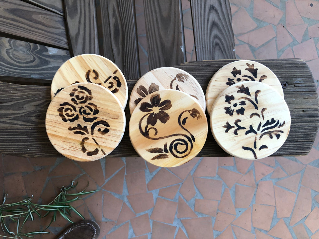Set of 6 Wood Burned Floral Coasters