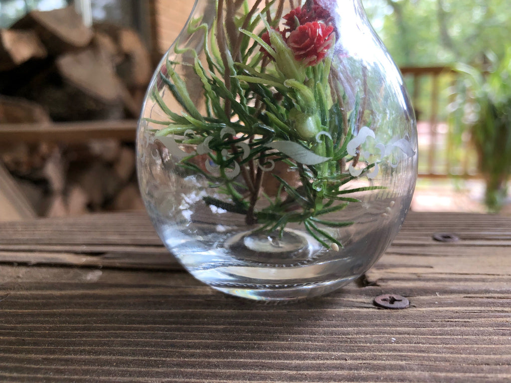 Small Glass Etched Light Bulb with Floral Pattern and Flowers