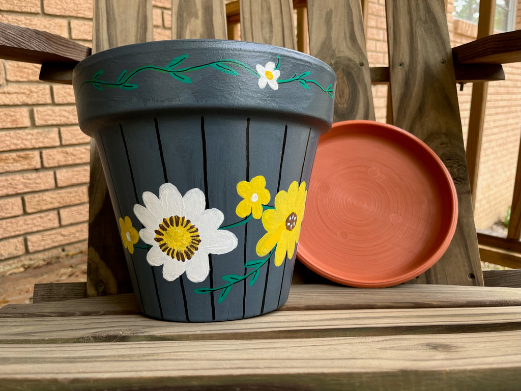 Floral Grey Painted Pot