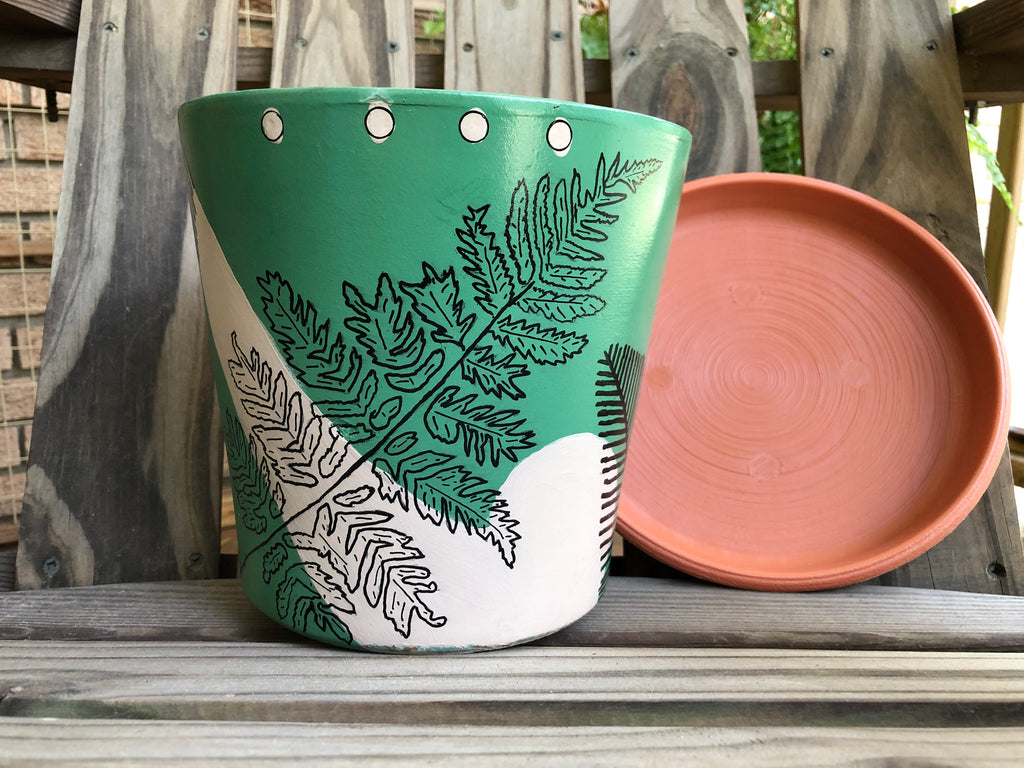 Floral Green Painted Pot