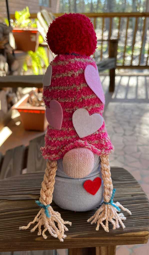 Standup Gnome with Striped Hat, Braids and Hearts