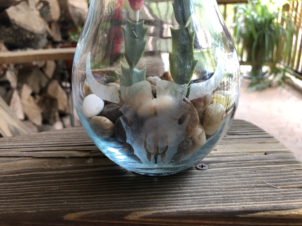 Large Glass Etched Light Bulb with Steer and Various Patterns
