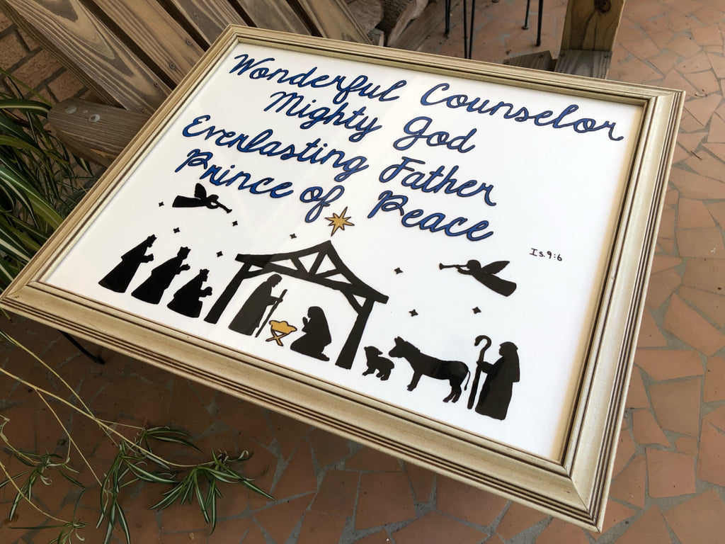 Manger Scene with Names of God Painted Frame